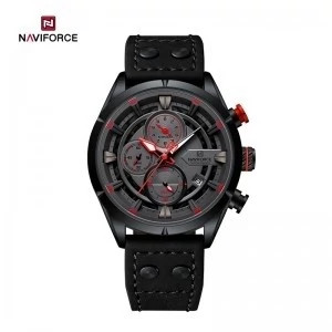 ساعت مچی مردانه Naviforce مدل NF8045 | بند چرمی مشکی، صفحه مشکی، قاب مشکی | اسپرت و کورنوگراف