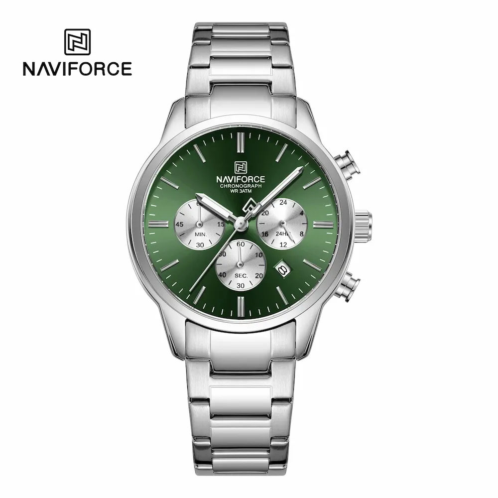 ساعت مچی اورجینال مردانه ناوی فورس|Naviforce|نوی فورس|نیوی فورس سه موتوره کرنوگراف نقره ای | نقره ای| سبز یشمی تیره| کد رفرنس NF8076 S/GN/S