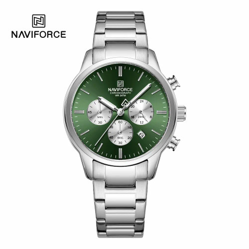 ساعت مچی اورجینال مردانه ناوی فورس|Naviforce|نوی فورس|نیوی فورس سه موتوره کرنوگراف نقره ای | نقره ای| سبز یشمی تیره| کد رفرنس NF8076 S/GN/S