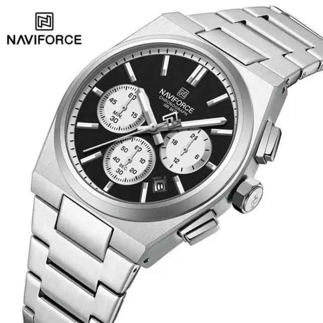 ساعت مچی مردانه Naviforce مدل NF8048 | بند استیل نقره ای، صفحه مشکی، سه موتور فعال