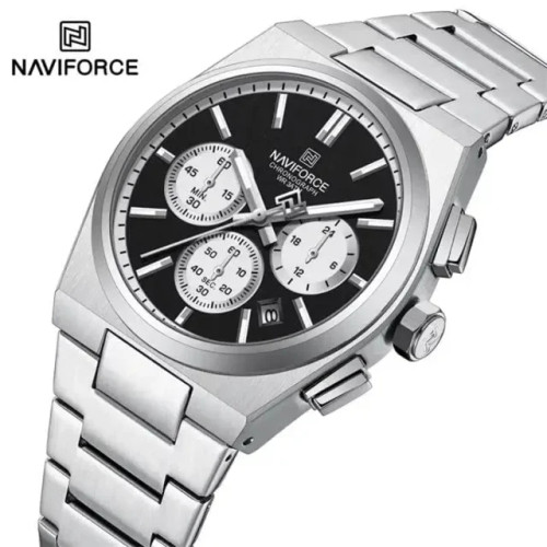 ساعت مچی مردانه Naviforce مدل NF8048 | بند استیل نقره ای، صفحه مشکی، سه موتور فعال