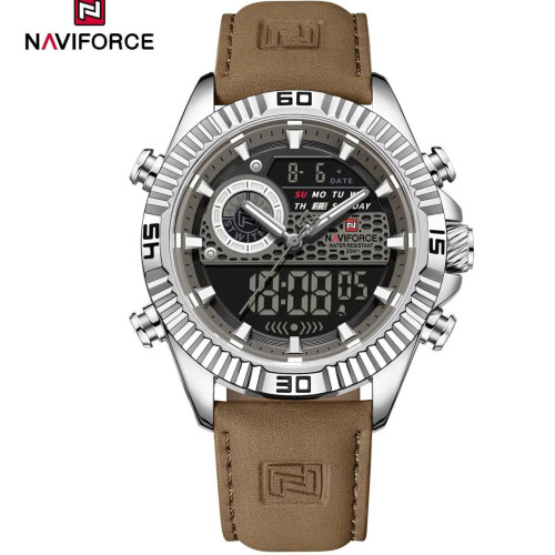 ساعت مچی مردانه Naviforce مدل NF9262 | بند چرمی قهوه ای، صفحه قهوه ای، قاب نقره ای، دوزمانه