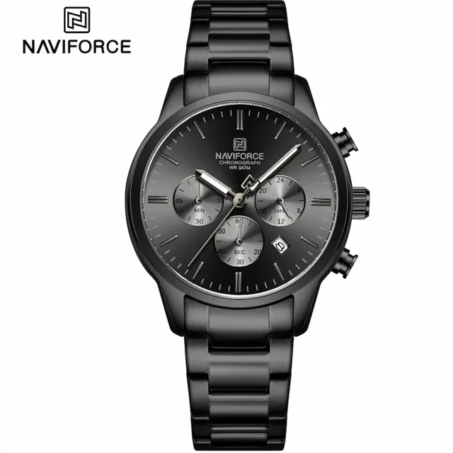 ساعت مچی مردانه Naviforce مدل NF8076 | بند استیل مشکی، صفحه مشکی کامل، سه موتور فعال