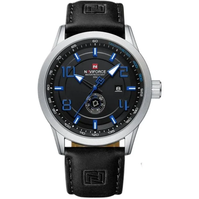 ساعت مچی مردانه Naviforce مدل NF9229 | بند چرمی مشکی، صفحه مشکی آبی
